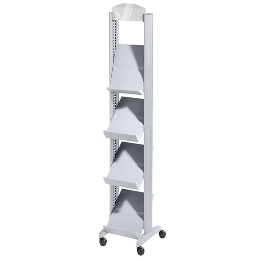 Brochure display stand made of polystyrene, for 4 x A4, with advertising space, aluminium silver / aluminium silver.