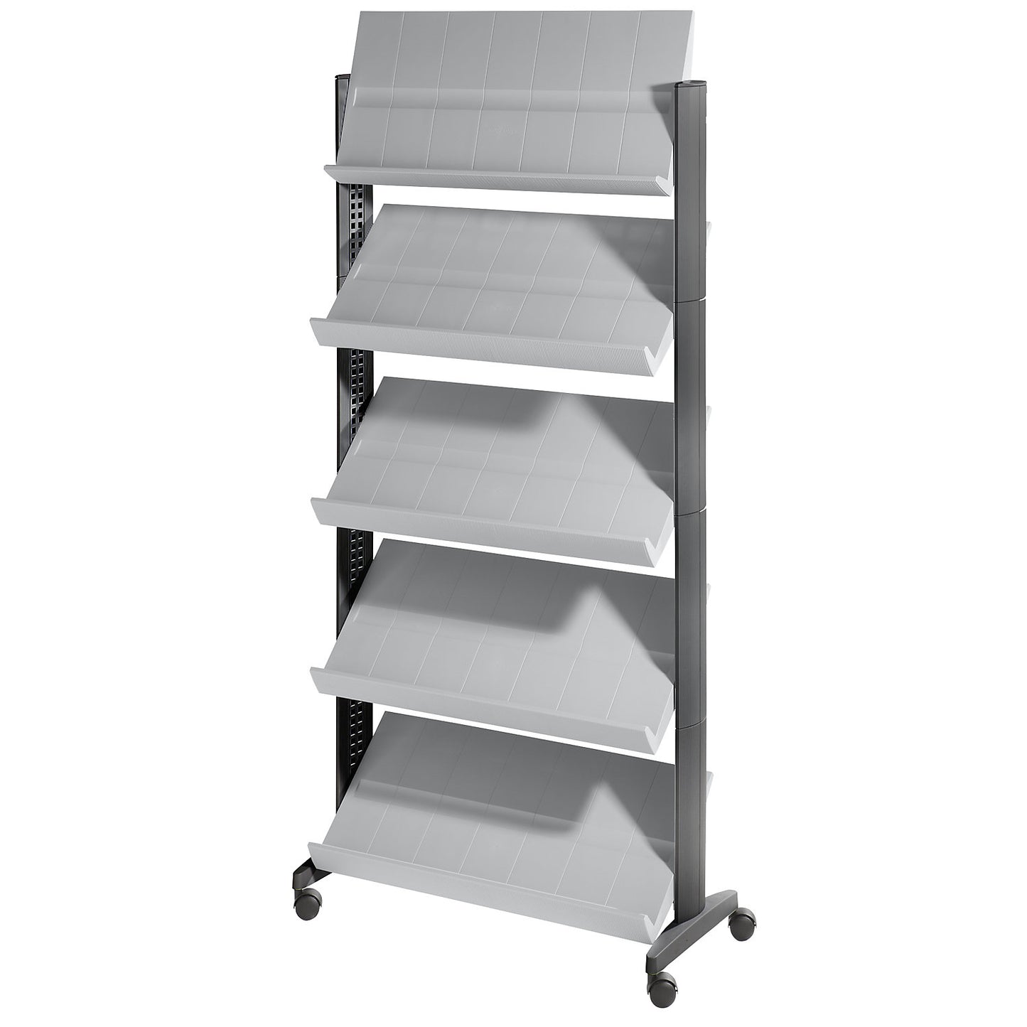 Brochure display stand made of polystyrene, for 15 x A4, black / light grey.