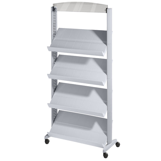 Brochure display stand made of polystyrene, for 12 x A4, with advertising space, aluminium silver / aluminium silver.
