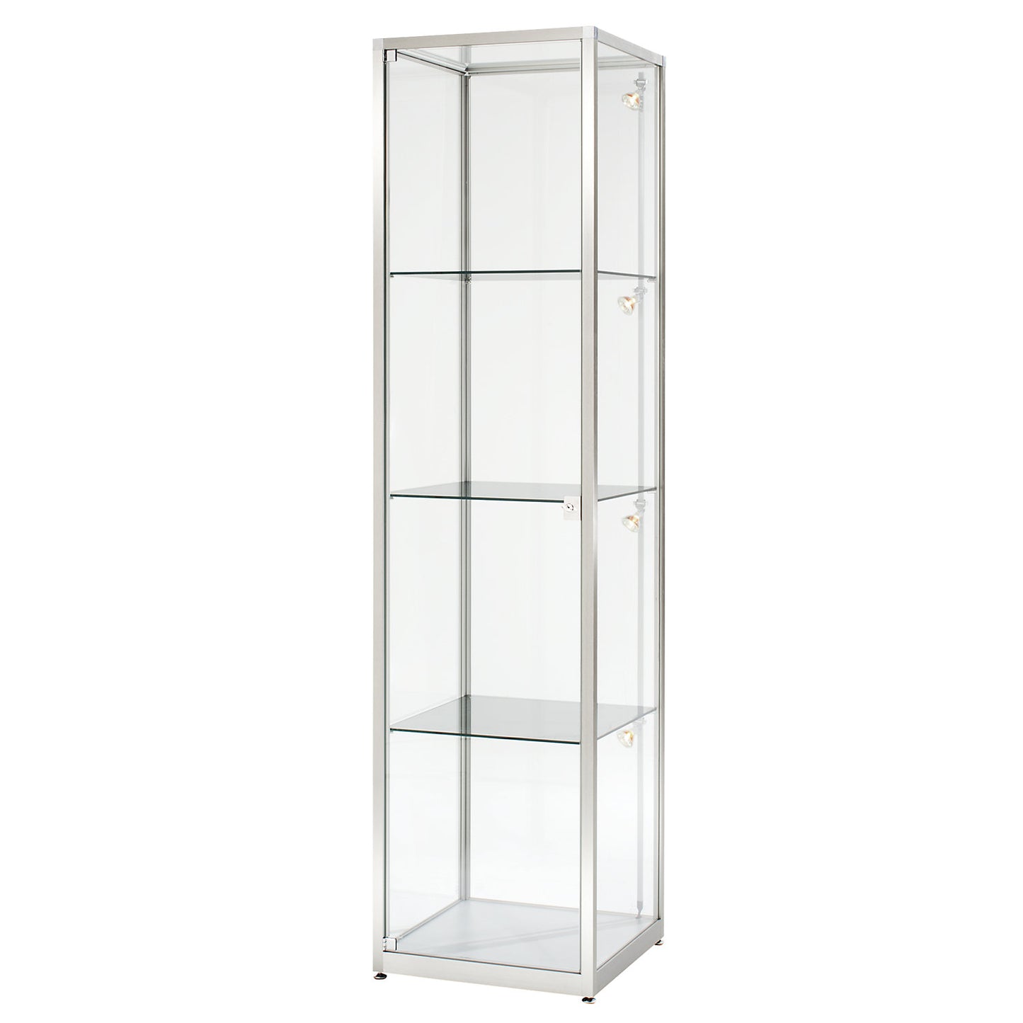 Tall glass cabinet, height 2000 mm, 1 hinged door, WxD 400 x 400 mm, silver anodised.