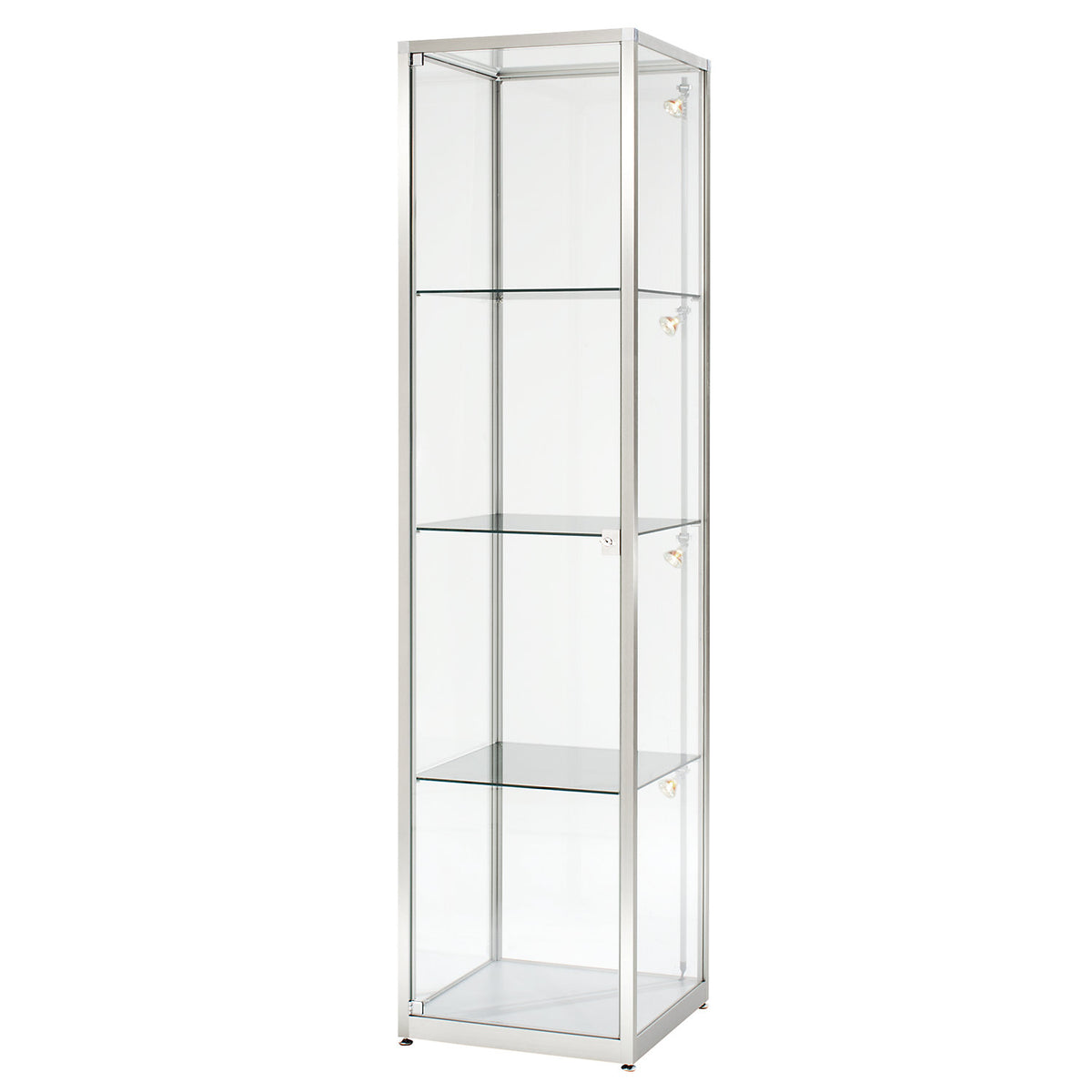Tall glass cabinet, height 2000 mm, 1 hinged door, WxD 400 x 400 mm, silver anodised.