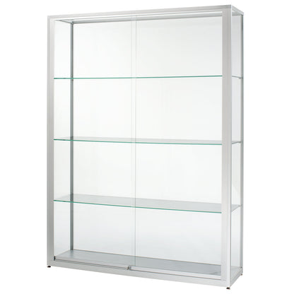 Free standing glass cabinet, height 2000 mm, 2 sliding doors, WxD 1500 x 400 mm, stainless steel finish.