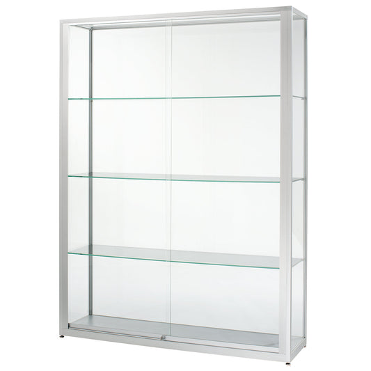 Free standing glass cabinet, height 2000 mm, 2 sliding doors, WxD 1500 x 400 mm, stainless steel finish.