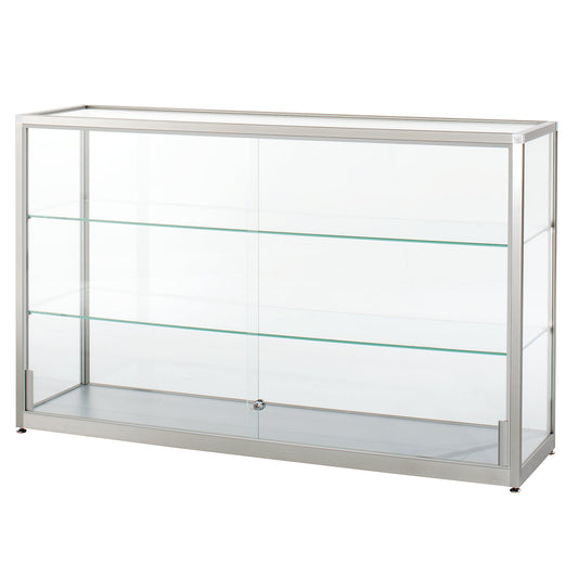 Half height glass cabinet, height 910 mm, 2 sliding doors, WxD 1500 x 400 mm, silver anodised.