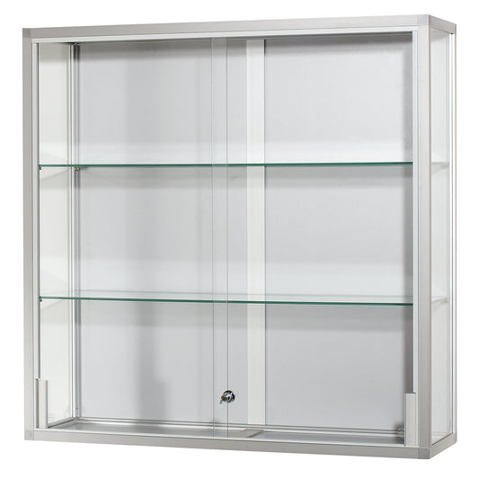 Wall mounted glass cabinet, height 1000 mm, 2 sliding doors, WxD 1000 x 300 mm, silver anodised.
