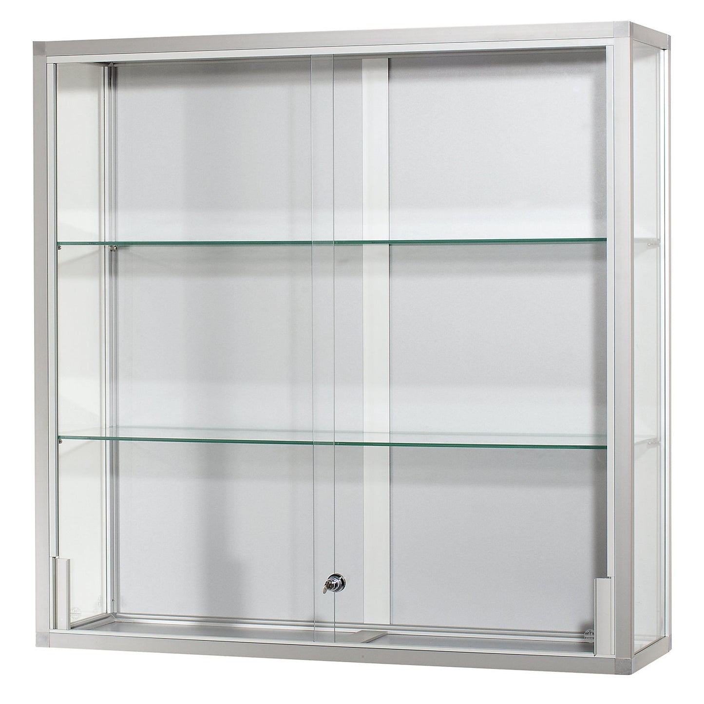 Wall mounted glass cabinet, height 1000 mm, 2 sliding doors, WxD 1500 x 300 mm, silver anodised.