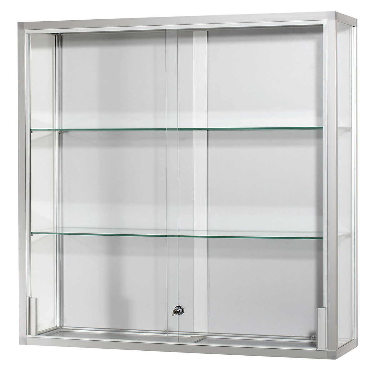 Wall mounted glass cabinet, height 1000 mm, 2 sliding doors, WxD 1000 x 300 mm, silver anodised.