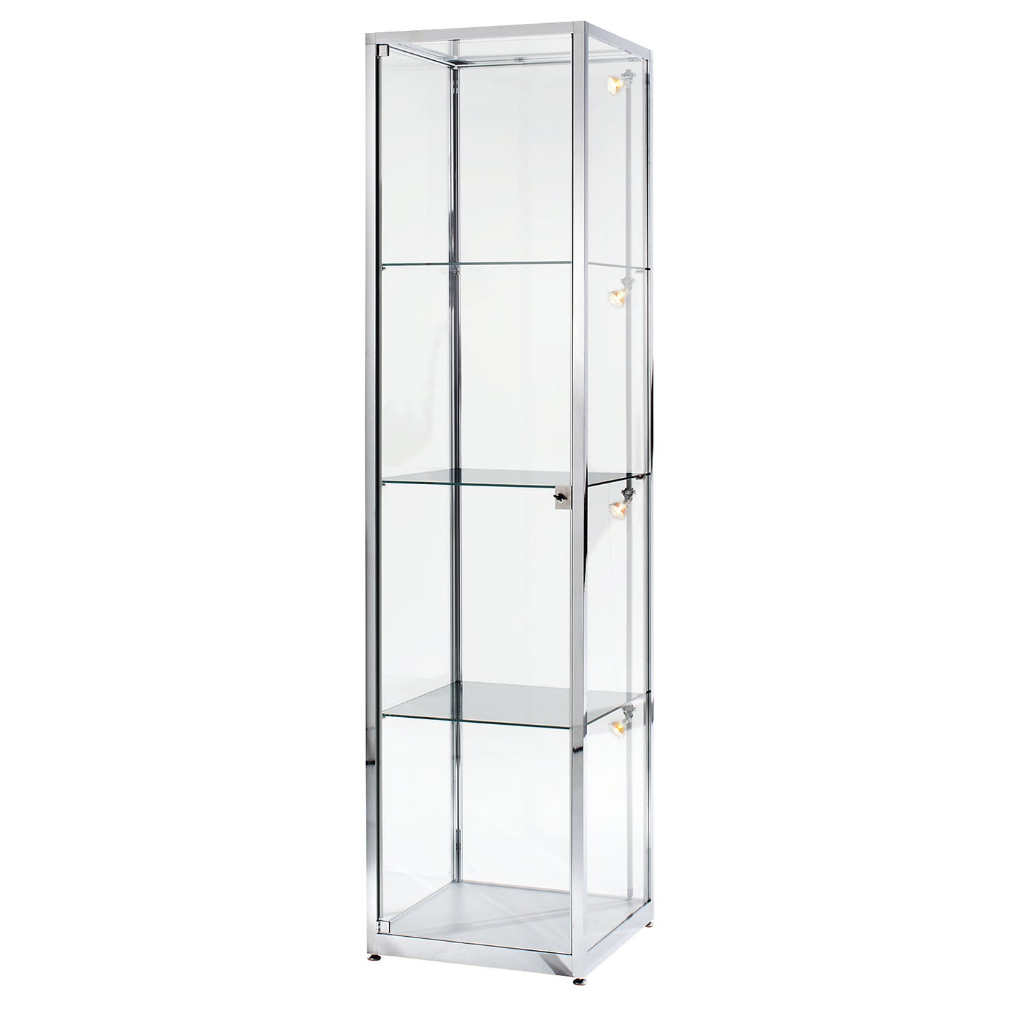 Tall glass cabinet, height 2000 mm, 1 hinged door, WxD 500 x 500 mm, stainless steel finish.
