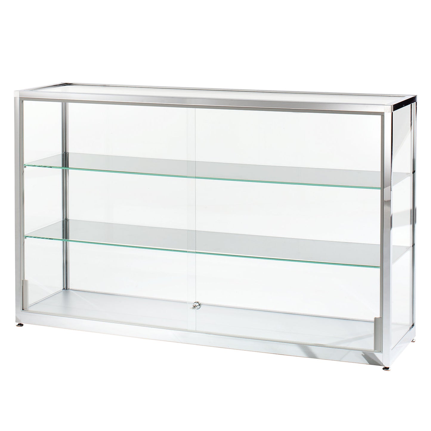 Half height glass cabinet, height 910 mm, 2 sliding doors, WxD 1500 x 400 mm, stainless steel finish.