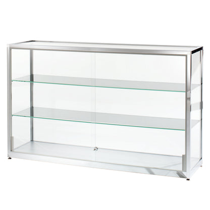 Half height glass cabinet, height 910 mm, 2 sliding doors, WxD 1500 x 400 mm, stainless steel finish.