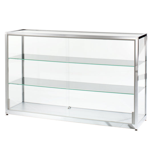 Half height glass cabinet, height 910 mm, 2 sliding doors, WxD 1500 x 400 mm, stainless steel finish.