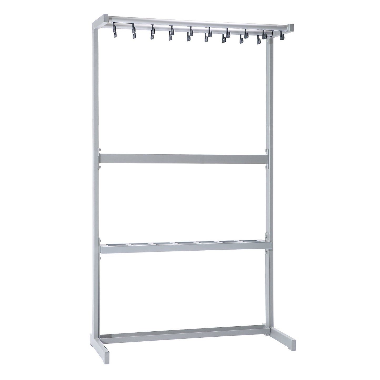 Single sided coat rail, without coat hangers, silver, with umbrella holder.