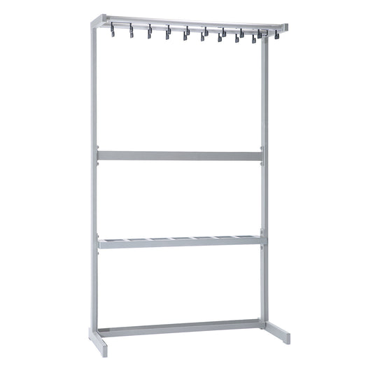 Single sided coat rail, without coat hangers, silver, with umbrella holder.
