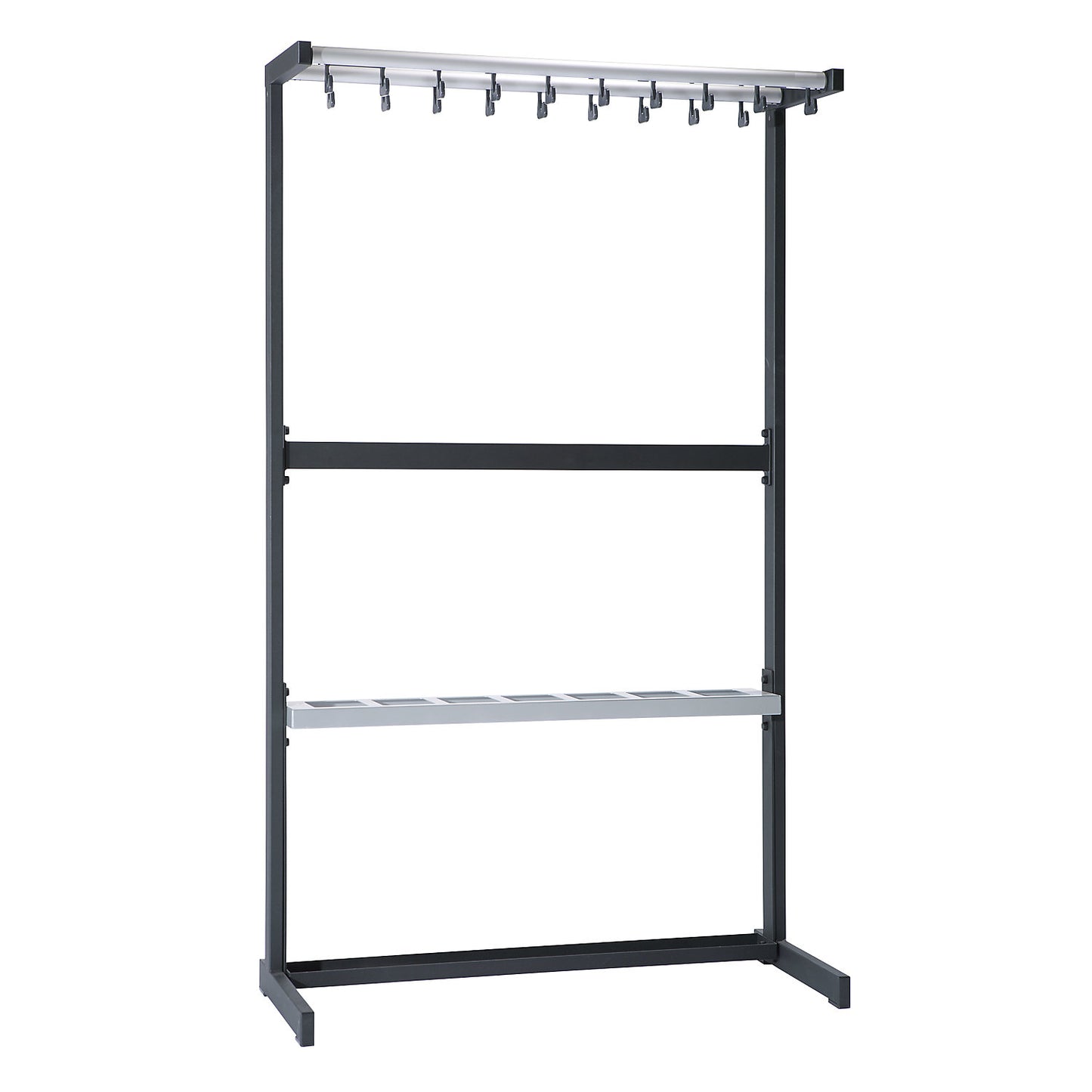 Single sided coat rail, without coat hangers, black, with umbrella holder.