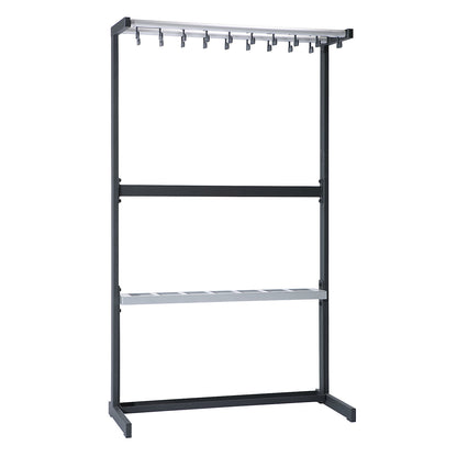 Single sided coat rail, without coat hangers, black, with umbrella holder.