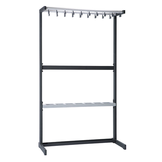Single sided coat rail, without coat hangers, black, with umbrella holder.