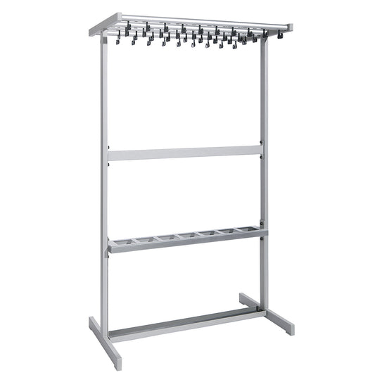 Double sided coat rail, without coat hangers, silver, with umbrella holder.
