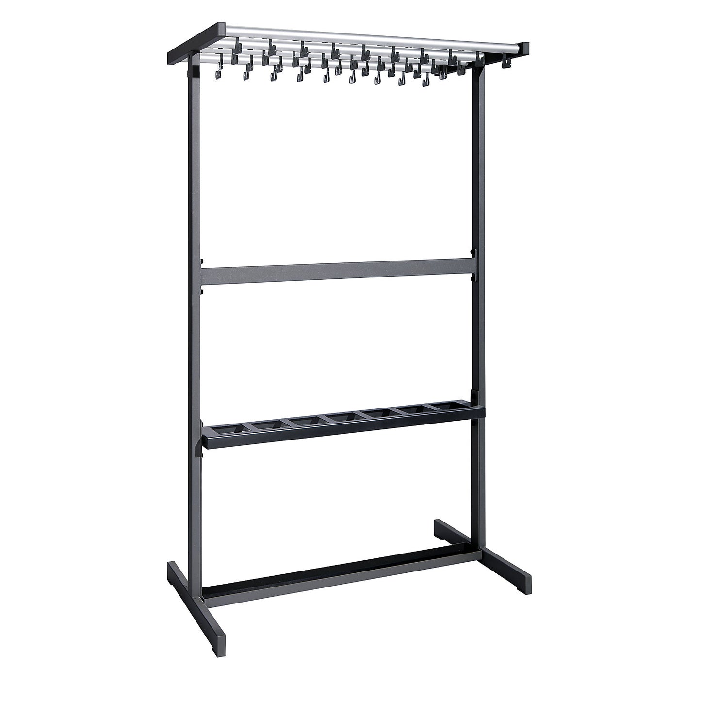 Double sided coat rail, without coat hangers, black, with umbrella holder.