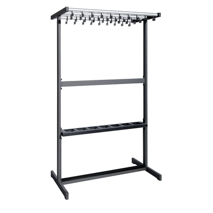 Double sided coat rail, without coat hangers, black, with umbrella holder.