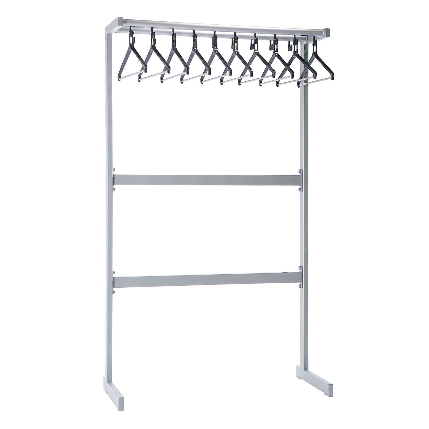 Single sided coat rail, with coat hangers, silver, without umbrella holder.