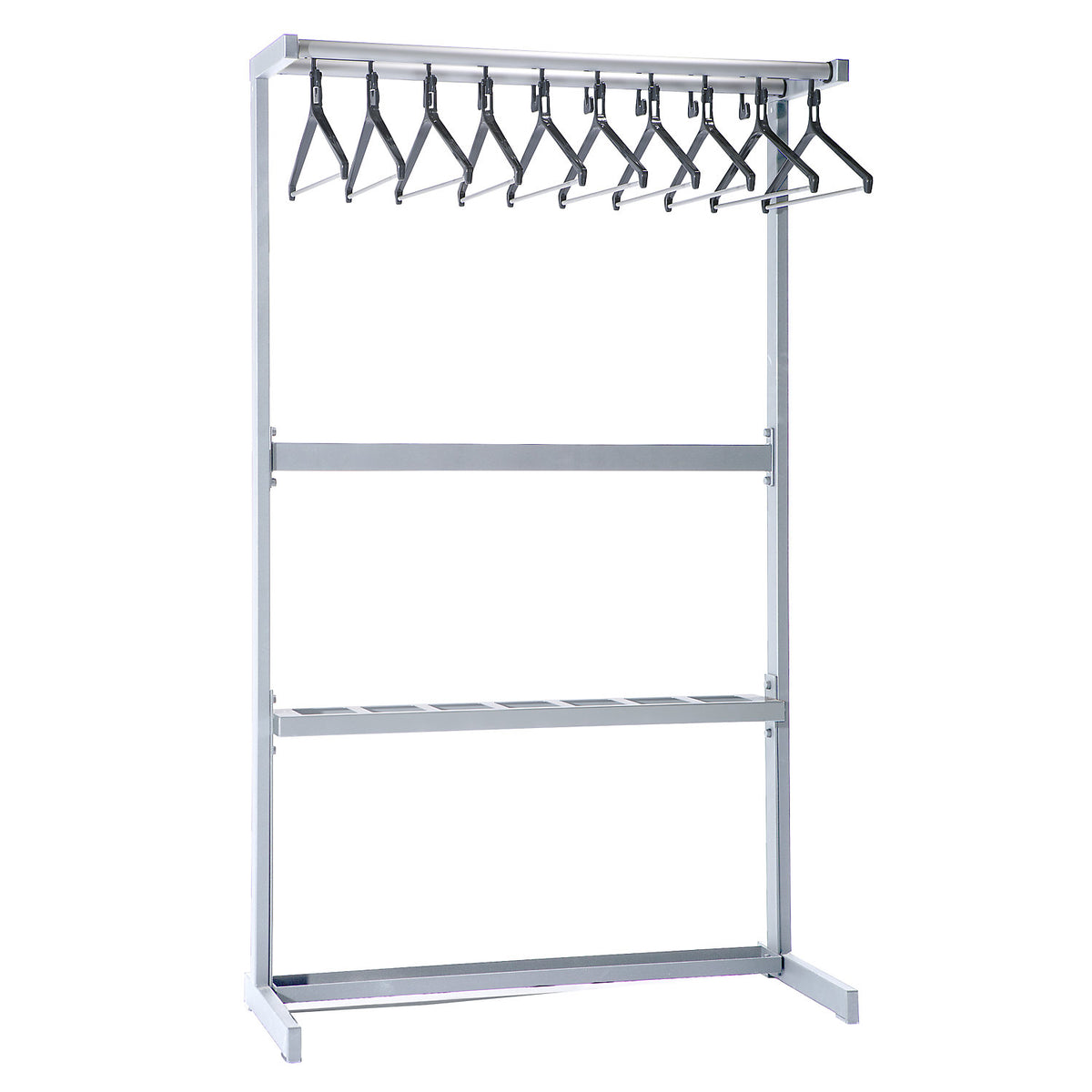 Single sided coat rail, with coat hangers, silver, with umbrella holder.