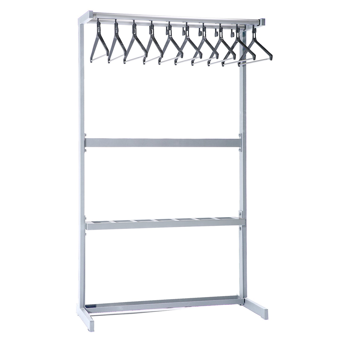 Single sided coat rail, with coat hangers, silver, with umbrella holder.