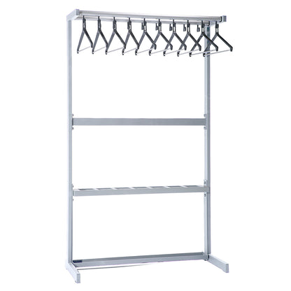 Single sided coat rail, with coat hangers, silver, with umbrella holder.