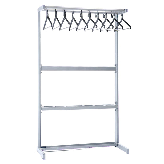 Single sided coat rail, with coat hangers, silver, with umbrella holder.