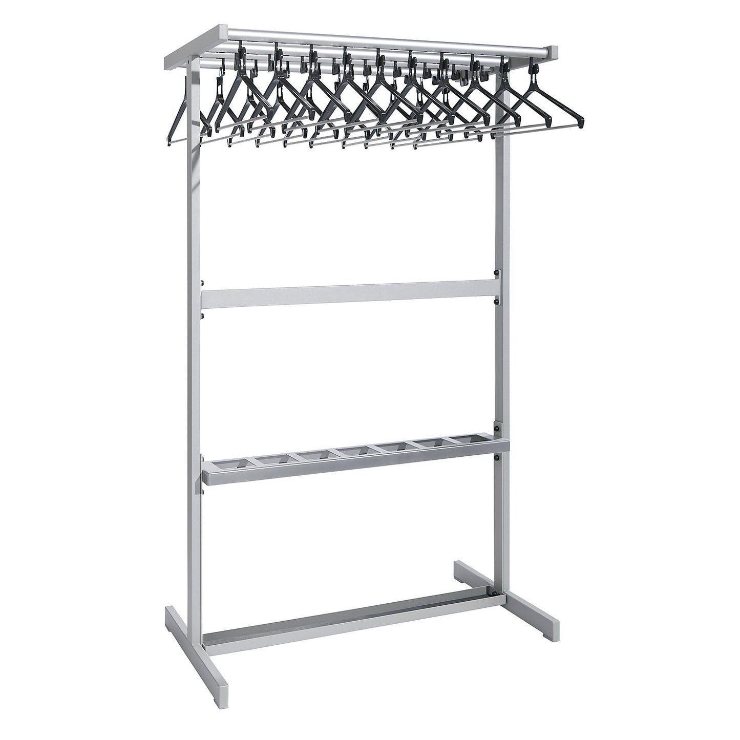 Double sided coat rail, with coat hangers, silver, with umbrella holder.