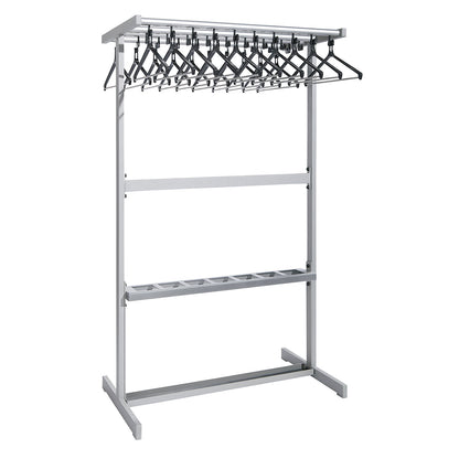 Double sided coat rail, with coat hangers, silver, with umbrella holder.