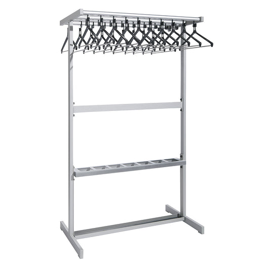 Double sided coat rail, with coat hangers, silver, with umbrella holder.