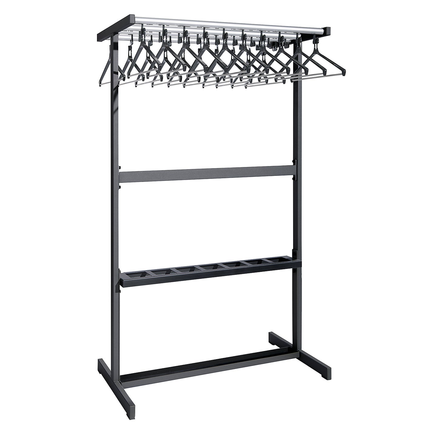 Double sided coat rail, with coat hangers, black, with umbrella holder.