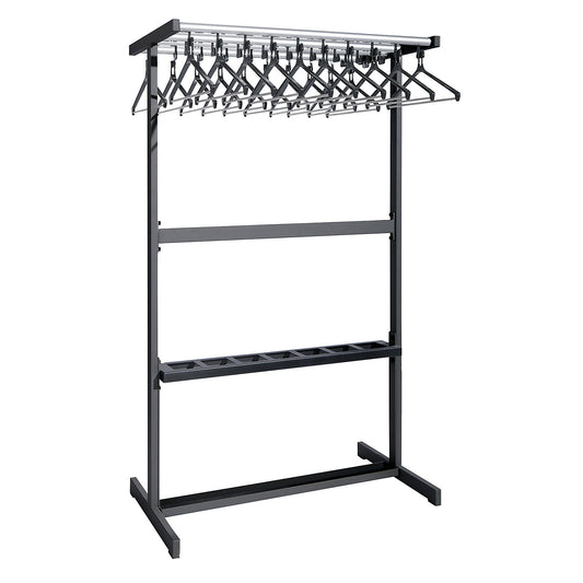 Double sided coat rail, with coat hangers, black, with umbrella holder.