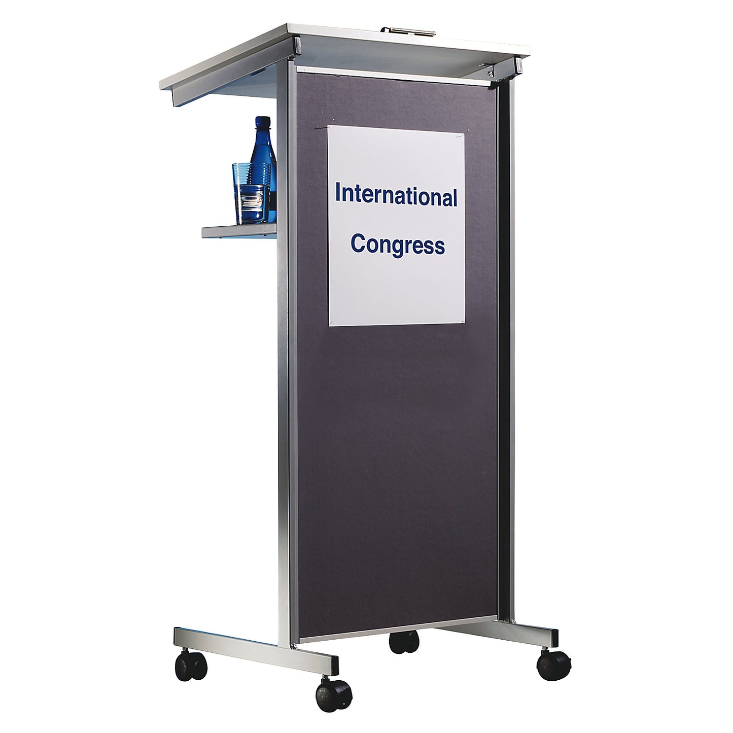 Lectern, 2 shelves, front made of fabric, grey.
