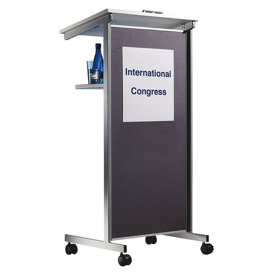 Lectern, 2 shelves, front made of fabric, grey.