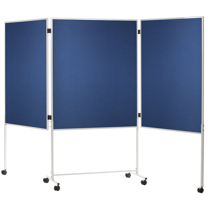 Pinboard, mobile, fabric cover, blue, HxWxD 1800 x 2800 x 500 mm, three-part.