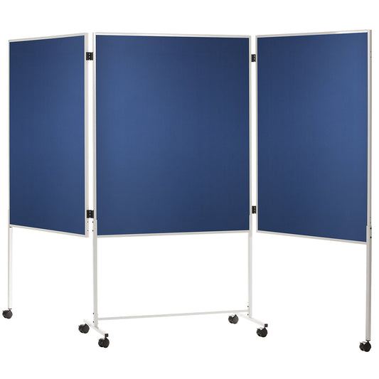 Pinboard, mobile, fabric cover, blue, HxWxD 1800 x 2800 x 500 mm, three-part.