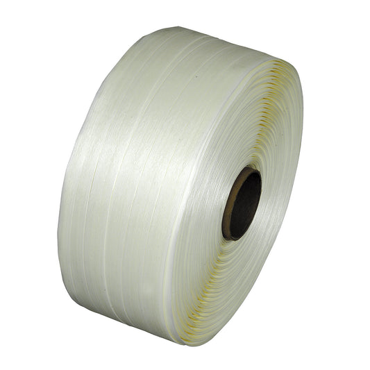 Reinforced PET strapping, bonded, for strap dispensers, core Ø 76 mm, strap width 16 mm.