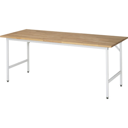 Work table, height adjustable, frame 30 x 30 mm, solid beech panel, WxD 2000 x 800 mm, light grey.