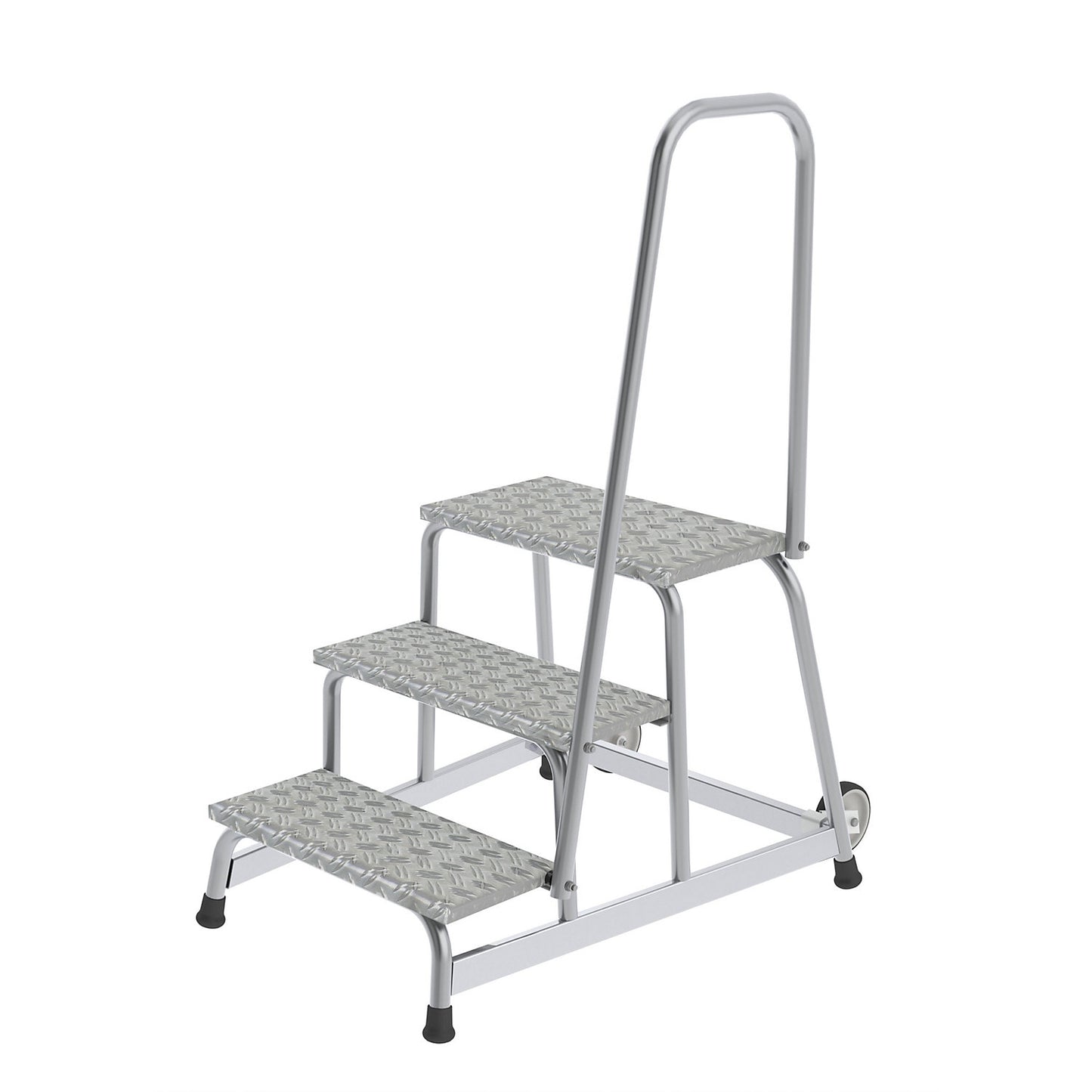 Machine step, mobile, 2 fixed castors, hand rail on one side, 3 steps, WxD 750 x 870 mm.