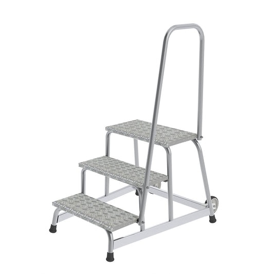 Machine step, mobile, 2 fixed castors, hand rail on one side, 3 steps, WxD 750 x 870 mm.