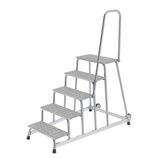 Machine step, mobile, 2 fixed castors, hand rail on one side, 5 steps, WxD 840 x 1390 mm.
