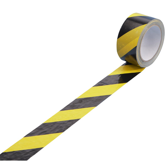 PVC warning tape, black/yellow, pack of 6 rolls, tape width 50 mm.