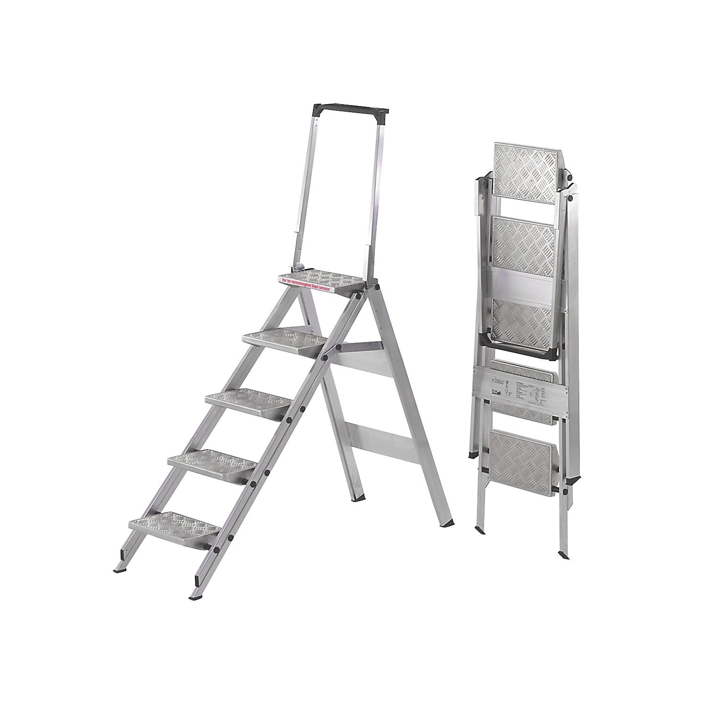Aluminium folding steps, ribbed aluminium steps, with safety rail, 5 steps.