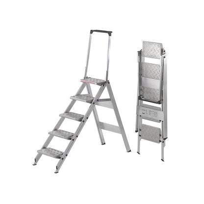 Aluminium folding steps, ribbed aluminium steps, with safety rail, 5 steps.