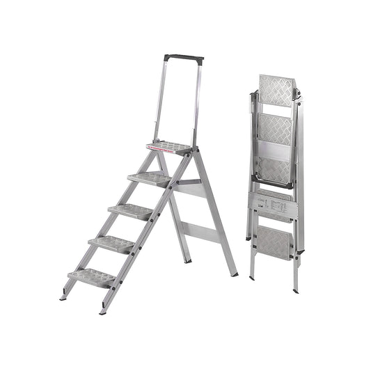 Aluminium folding steps, ribbed aluminium steps, with safety rail, 5 steps.