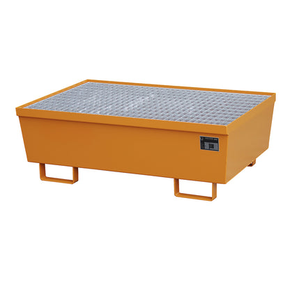 Steel sump tray with edge profiles, for 2 x 200 l drums, orange RAL 2000.