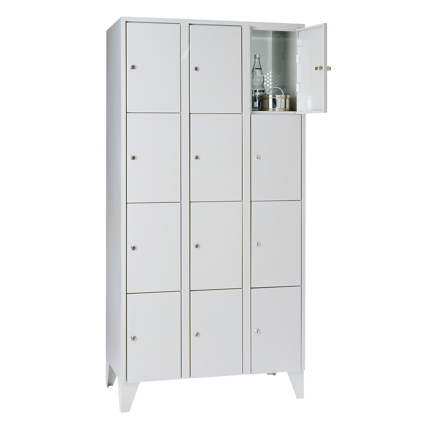 Munich 4-fold compartment locker, 3 compartments, light grey, W 900 mm, with feet.