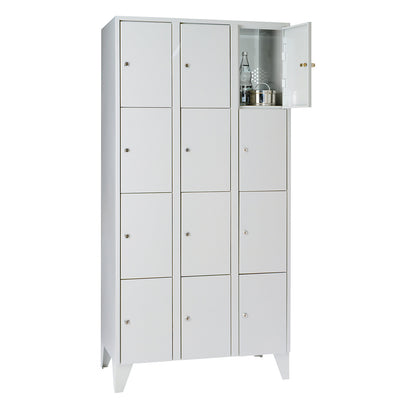 Munich 4-fold compartment locker, 3 compartments, light grey, W 900 mm, with feet.