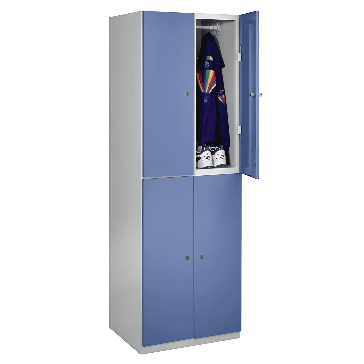 Frankfurt double deck clothes locker, 2 compartments, W 600 mm, light grey / pigeon blue.